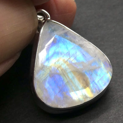Rainbow Moonstone Pendant | Blue Flash | Faceted Teardrop | 925 Sterling Silver | Bezel Set | Open Back | Cancer Libra Scorpio | Genuine Gems from Crystal Heart Melbourne Australia 1986