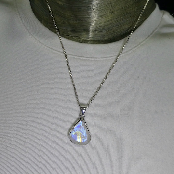 Rainbow Moonstone Pendant | Blue Flash | Faceted Teardrop | 925 Sterling Silver | Bezel Set | Open Back | Cancer Libra Scorpio | Genuine Gems from Crystal Heart Melbourne Australia 1986