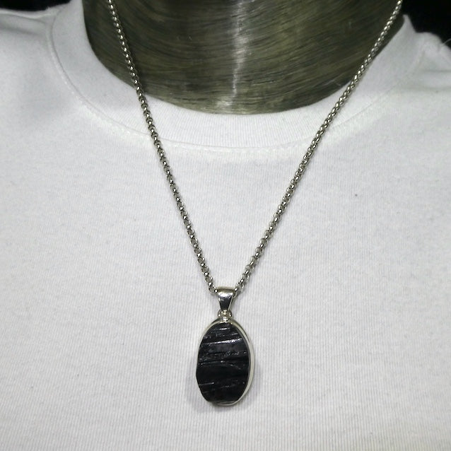 Black Tourmaline Pendant | Raw unpolished crystal | Oval shape | Bezel set | 925 Sterling Silver | Genuine Gems from Crystal Heart Melbourne Australia since 1986