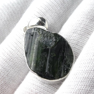 Black Tourmaline Pendant | Raw unpolished crystal | Deep Green Blue Teardrop | Bezel set | 925  Silver |  Crystal Heart Melbourne Australia est 1986