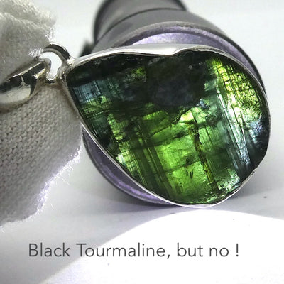 Black Tourmaline Pendant | Raw unpolished crystal | Deep Green Blue Teardrop | Bezel set | 925  Silver |  Crystal Heart Melbourne Australia est 1986
