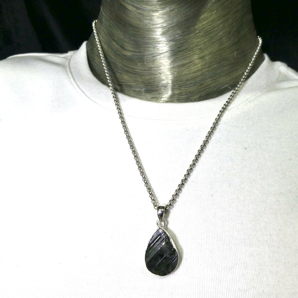 Black Tourmaline Pendant | Raw unpolished crystal | Deep Green Blue Teardrop | Bezel set | 925  Silver |  Crystal Heart Melbourne Australia est 1986