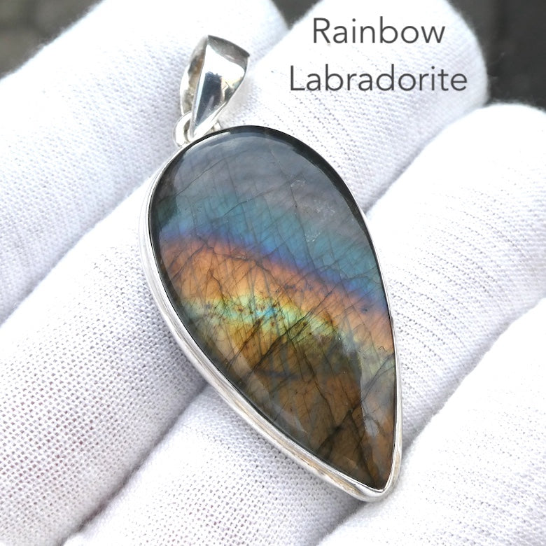 Rainbow Labradorite  Pendant | Spectrolite | Teardrop Cabochon | 925 Sterling Silver | Rainbow Fire | Genuine Gems from Crystal Heart Melbourne Australia since 1986