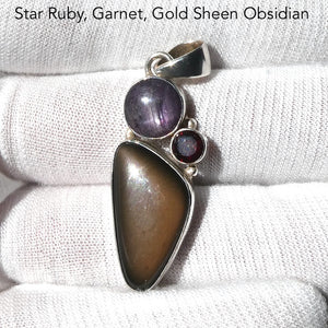 Gold Sheen Obsidian Pendant | Star Ruby | Garnet | 925 Sterling Silver | Harmonious Empowerment | Genuine Gems from Crystal Heart Melbourne Australia since 1986