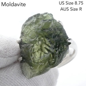 Moldavite Ring | Genuine Large Raw Nugget | 925 Sterling Silver | US Size 8.75 | Aus Size R | Green Obsidian | Chechya | Intense Heart Transformation | Scorpio | Crystal Heart Melbourne Australia 1986