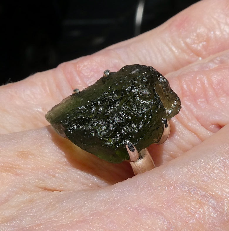 Moldavite Ring | Genuine Large Raw Nugget | 925 Sterling Silver | US Size 8.75 | Aus Size R | Green Obsidian | Chechya | Intense Heart Transformation | Scorpio | Crystal Heart Melbourne Australia 1986