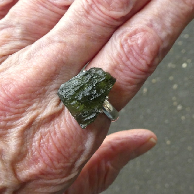 Moldavite Ring | Genuine Large Raw Nugget | 925 Sterling Silver | US Size 9.25 | Aus Size S | Green Obsidian | Chechya | Intense Heart Transformation | Scorpio | Crystal Heart Melbourne Australia 1986