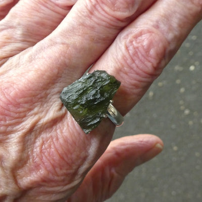 Moldavite Ring | Genuine Large Raw Nugget | 925 Sterling Silver | US Size 9.25 | Aus Size S | Green Obsidian | Chechya | Intense Heart Transformation | Scorpio | Crystal Heart Melbourne Australia 1986