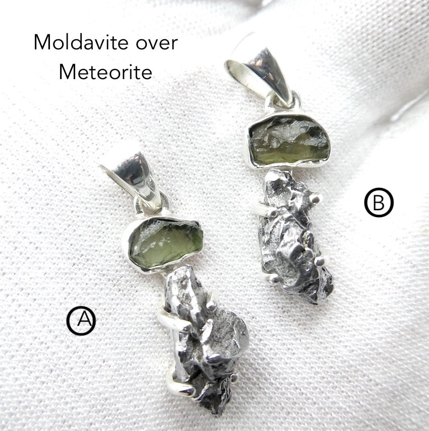 Moldavite Pendant over Metal Meteorite, 925 Sterling Silver