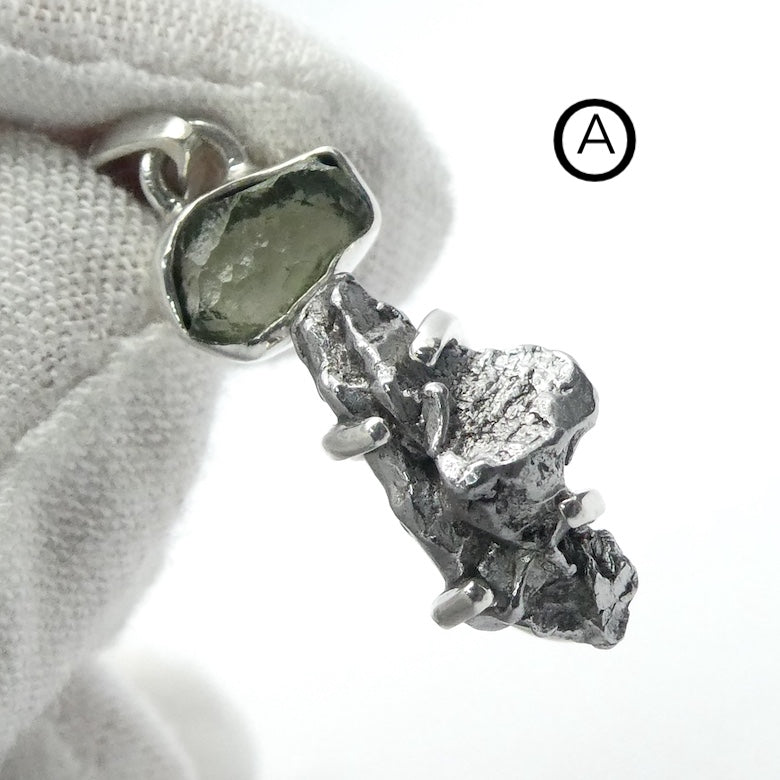Moldavite Pendant over Metal Meteorite, 925 Sterling Silver