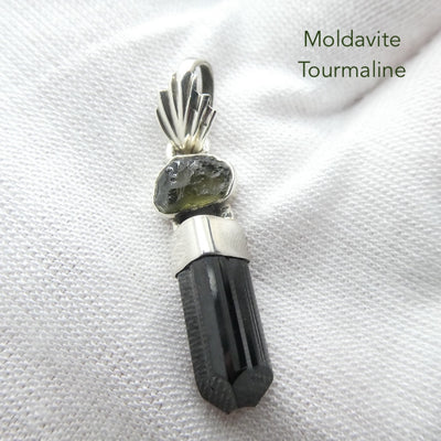 Moldavite over Black Tourmaline Crystal  Pendant | 925 Sterling Silver | Empower Physical | Intense Transformation | Genuine Gems from Crystal Heart Melbourne Australia 1986 