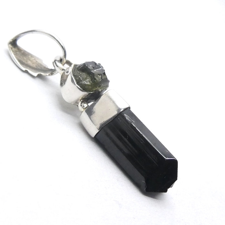 Moldavite over Black Tourmaline Crystal  Pendant | 925 Sterling Silver | Empower Physical | Intense Transformation | Genuine Gems from Crystal Heart Melbourne Australia 1986 