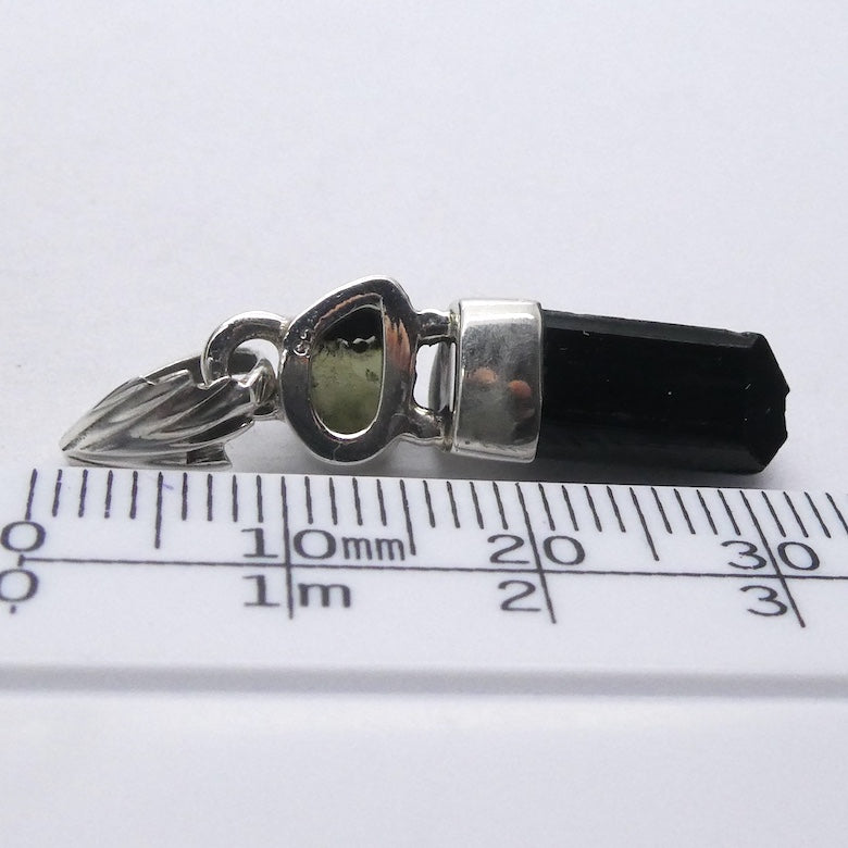 Moldavite over Black Tourmaline Crystal  Pendant | 925 Sterling Silver | Empower Physical | Intense Transformation | Genuine Gems from Crystal Heart Melbourne Australia 1986 