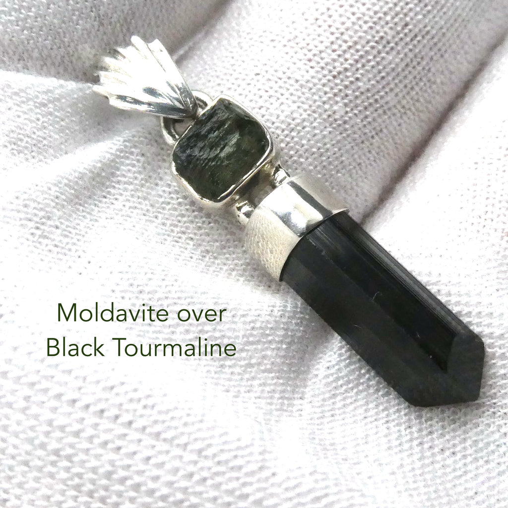 Moldavite over Black Tourmaline Crystal  Pendant | 925 Sterling Silver | Empower Physical | Intense Transformation | Genuine Gems from Crystal Heart Melbourne Australia 1986 