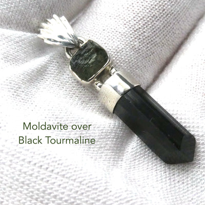 Moldavite over Black Tourmaline Crystal  Pendant | 925 Sterling Silver | Empower Physical | Intense Transformation | Genuine Gems from Crystal Heart Melbourne Australia 1986 