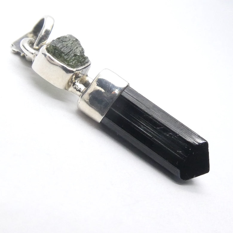 Moldavite over Black Tourmaline Crystal  Pendant | 925 Sterling Silver | Empower Physical | Intense Transformation | Genuine Gems from Crystal Heart Melbourne Australia 1986 