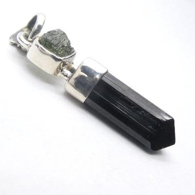 Moldavite over Black Tourmaline Crystal  Pendant | 925 Sterling Silver | Empower Physical | Intense Transformation | Genuine Gems from Crystal Heart Melbourne Australia 1986 