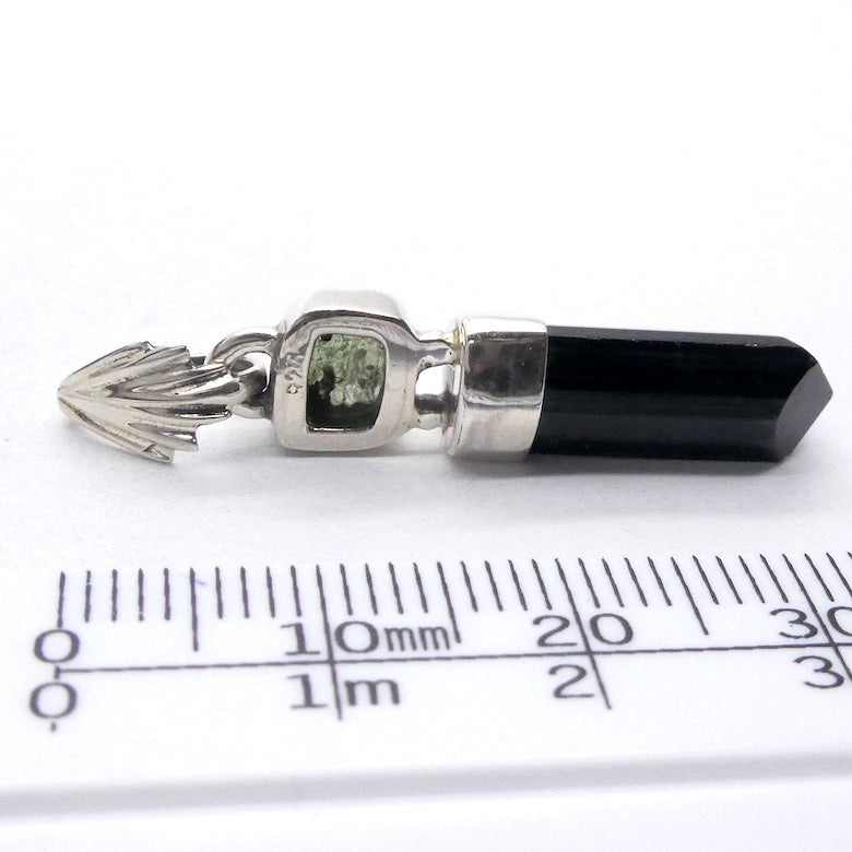 Moldavite over Black Tourmaline Crystal  Pendant | 925 Sterling Silver | Empower Physical | Intense Transformation | Genuine Gems from Crystal Heart Melbourne Australia 1986 