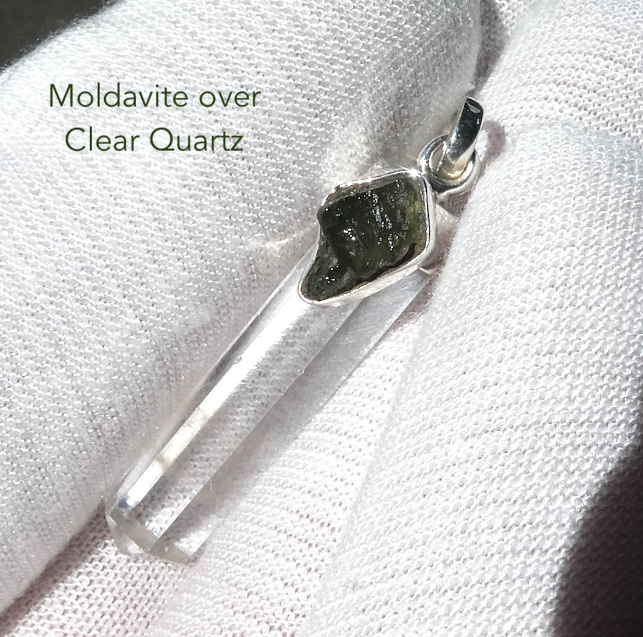 Raw Moldavite Nugget Pendant On Clear Quartz Point | 925 Sterling Silver | Genuine Gems from Crystal Heart Melbourne Australia since 1986 
