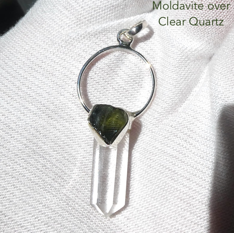 Raw Moldavite Nugget Pendant On Clear Quartz Point | 925 Sterling Silver | Genuine Gems from Crystal Heart Melbourne Australia since 1986 