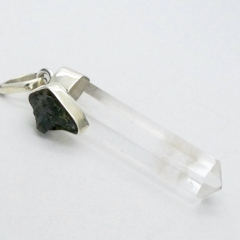 Raw Moldavite Nugget Pendant On Clear Quartz Point | 925 Sterling Silver | Genuine Gems from Crystal Heart Melbourne Australia since 1986 