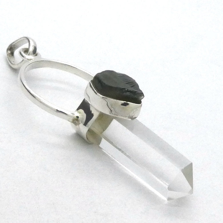 Raw Moldavite Nugget Pendant On Clear Quartz Point | 925 Sterling Silver | Genuine Gems from Crystal Heart Melbourne Australia since 1986 
