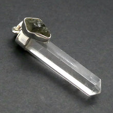 Load image into Gallery viewer, Raw Moldavite Nugget Pendant On Clear Quartz Point | 925 Sterling Silver | Genuine Gems from Crystal Heart Melbourne Australia since 1986 