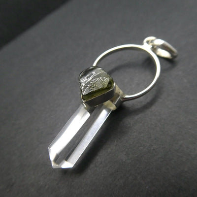 Raw Moldavite Nugget Pendant On Clear Quartz Point | 925 Sterling Silver | Genuine Gems from Crystal Heart Melbourne Australia since 1986 