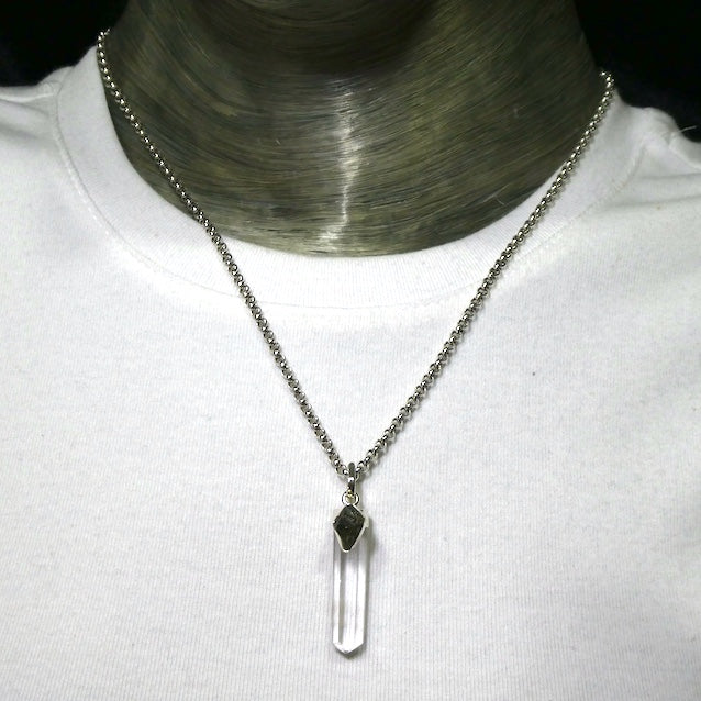 Raw Moldavite Nugget Pendant On Clear Quartz Point | 925 Sterling Silver | Genuine Gems from Crystal Heart Melbourne Australia since 1986 