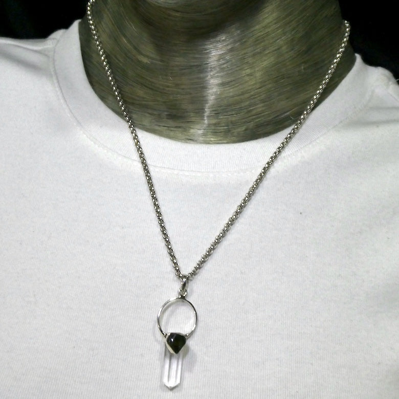 Raw Moldavite Nugget Pendant On Clear Quartz Point | 925 Sterling Silver | Genuine Gems from Crystal Heart Melbourne Australia since 1986 