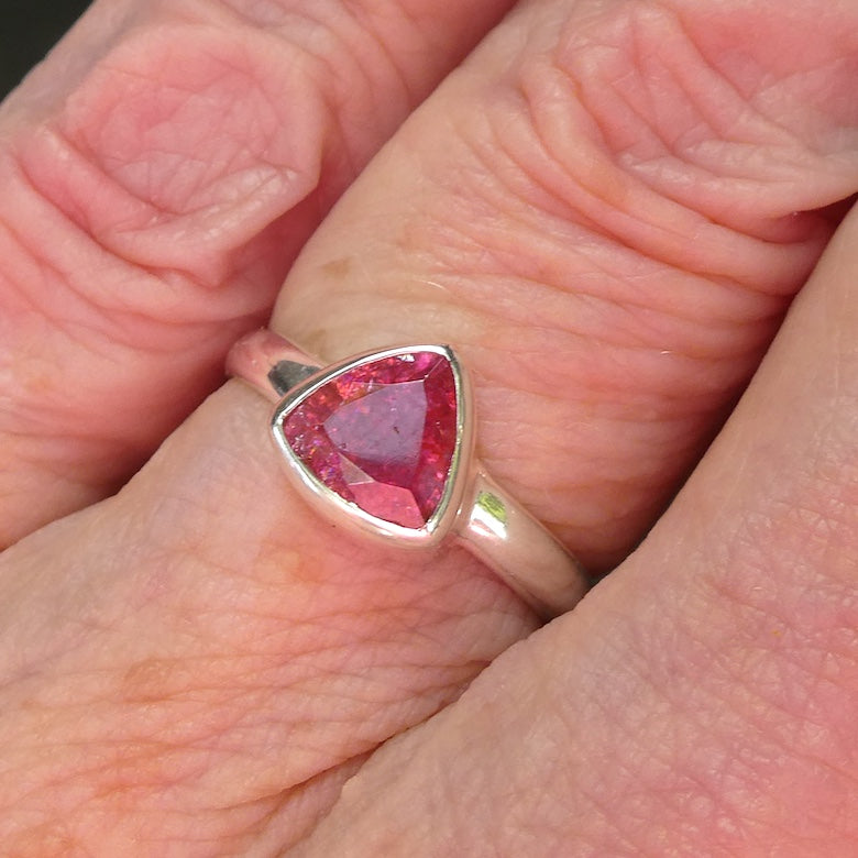 Tourmaline Ring | Faceted Trilliant | Pink Red Rubellite | 925 Silver | US Size 7.52 | AUS Size O | Virgo Gemini Libra Taurus | Genuine Gems at Crystal Heart Melbourne est 1986