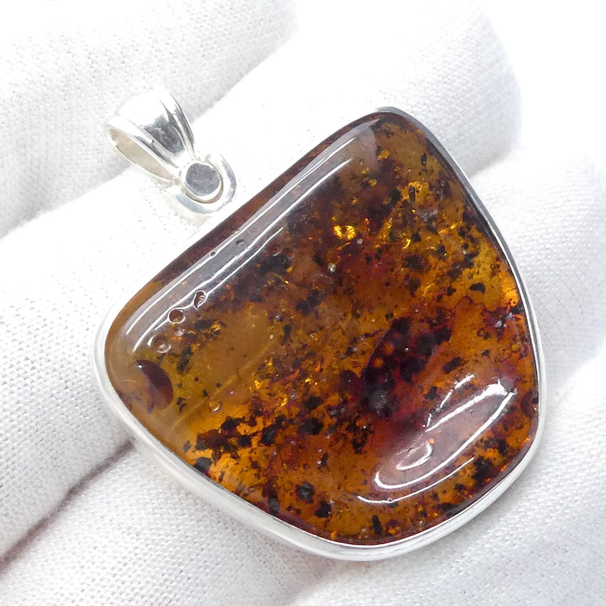Amber Pendant | Large Freeform Cabochon  | Open Bezel Setting | 925 Sterling Silver | Genuine Gems from Crystal heart Melbourne Australia since 1986