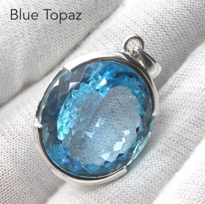 Blue Topaz Pendant | Large Faceted Oval | Flawless light Swiss Blue | 925 Sterling Silver | Uplift Spirit | Clear Mental Fatigue | Crystal Heart Melbourne Australia since 1986