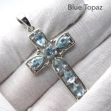 Load image into Gallery viewer, Blue Topaz Bejewelled Cross Pendant |7 Faceted Stones | 925 Sterling Silver | Uplift Spirit | Clear Mental Fatigue | Crystal Heart Melbourne Australia since 1986