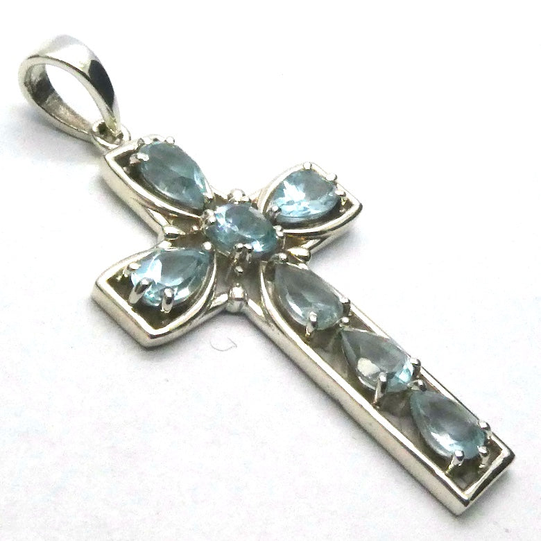 Blue Topaz Bejewelled Cross Pendant |7 Faceted Stones | 925 Sterling Silver | Uplift Spirit | Clear Mental Fatigue | Crystal Heart Melbourne Australia since 1986