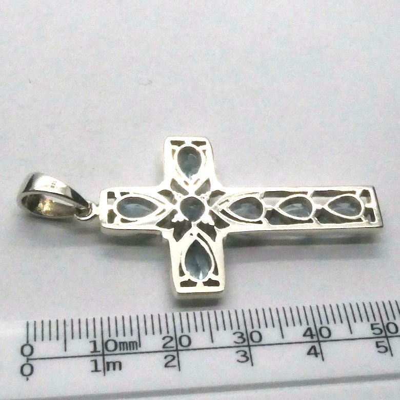 Blue Topaz Bejewelled Cross Pendant |7 Faceted Stones | 925 Sterling Silver | Uplift Spirit | Clear Mental Fatigue | Crystal Heart Melbourne Australia since 1986