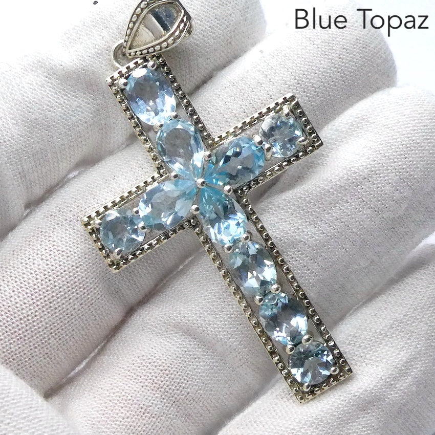Blue Topaz Bejewelled Cross Pendant | 10 Faceted Stones | 925 Sterling Silver | Uplift Spirit | Clear Mental Stress 7 Fatigue | Crystal Heart Australia est 1986