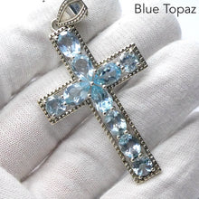 Load image into Gallery viewer, Blue Topaz Bejewelled Cross Pendant | 10 Faceted Stones | 925 Sterling Silver | Uplift Spirit | Clear Mental Stress 7 Fatigue | Crystal Heart Australia est 1986