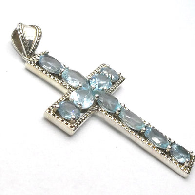 Blue Topaz Bejewelled Cross Pendant | 10 Faceted Stones | 925 Sterling Silver | Uplift Spirit | Clear Mental Stress 7 Fatigue | Crystal Heart Australia est 1986