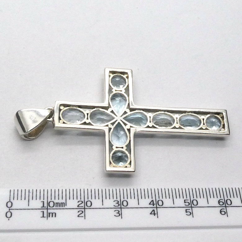 Blue Topaz Cross Pendant with 10 faceted gemstones, 925 Sterling Silver, k2
