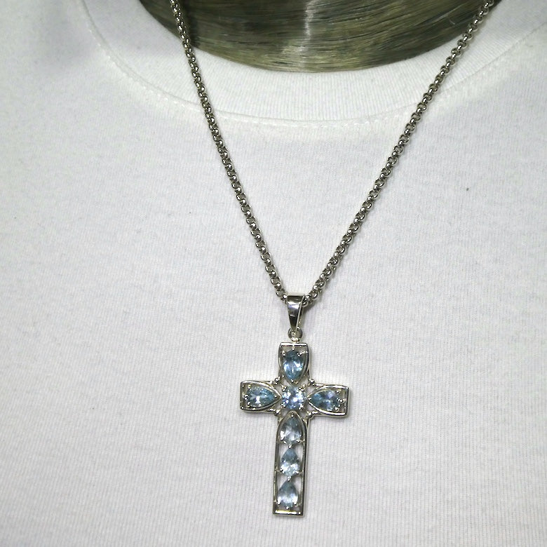 Blue Topaz Bejewelled Cross Pendant |7 Faceted Stones | 925 Sterling Silver | Uplift Spirit | Clear Mental Fatigue | Crystal Heart Melbourne Australia since 1986