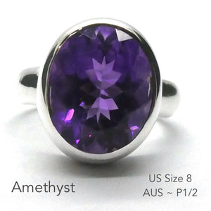 Amethyst Ring | Faceted Oval | AAA Grade | 925 Sterling Silver| US Size 8 | Aus Size P1/2 | Quality Silver Work | Genuine Gems from Crystal Heart Melbourne est 1986