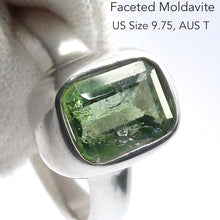Load image into Gallery viewer, Moldavite Ring | Fceted Oblong | 925 Sterling Silver | US Size 9.75 | Aus Size T | Green Obsidian | Chechya | Intense Heart Transformation | Scorpio | Crystal Heart Melbourne Australia 1986