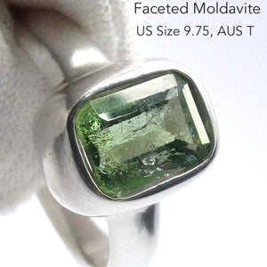 Moldavite Ring | Fceted Oblong | 925 Sterling Silver | US Size 9.75 | Aus Size T | Green Obsidian | Chechya | Intense Heart Transformation | Scorpio | Crystal Heart Melbourne Australia 1986