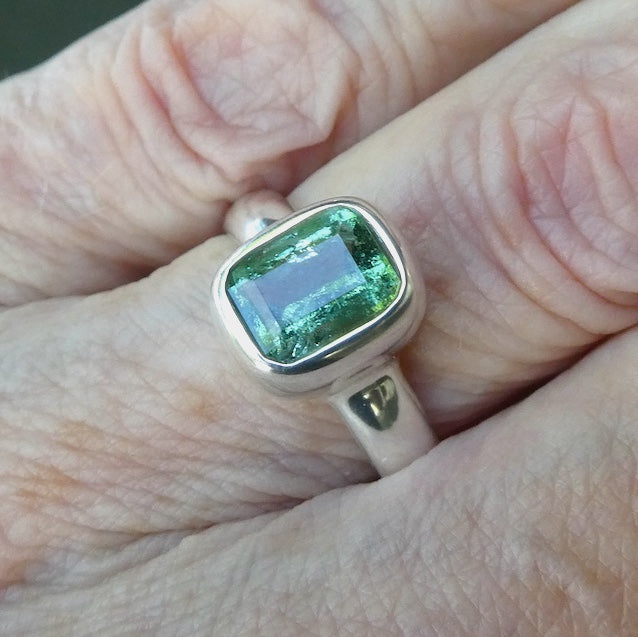 Moldavite Ring | Fceted Oblong | 925 Sterling Silver | US Size 9.75 | Aus Size T | Green Obsidian | Chechya | Intense Heart Transformation | Scorpio | Crystal Heart Melbourne Australia 1986