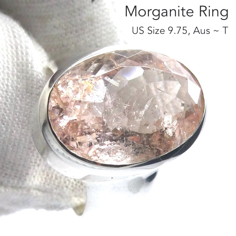 Morganite Ring | Huge Faceted Oval | Apricot Pink Beryl | 925 Sterling Silver | Open Back | US Size 9.75 | AUS Size T | Divine Love | Genuine Gems from Crystal Heart Australia est 1986
