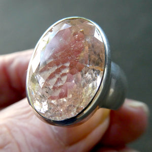 Morganite Ring | Huge Faceted Oval | Apricot Pink Beryl | 925 Sterling Silver | Open Back | US Size 9.75 | AUS Size T | Divine Love | Genuine Gems from Crystal Heart Australia est 1986