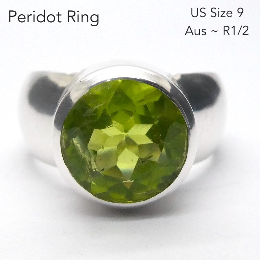 Peridot Ring | Large Faceted Round | A Grade | 925 Sterling Silver | US Size 9 | AUS Size R1/2 | Leo Stone | Crystal Heart Melbourne Australia since 1986