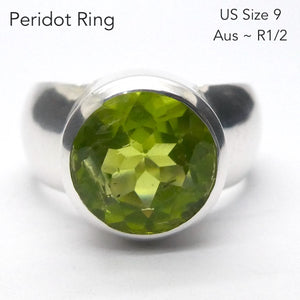 Peridot Ring | Large Faceted Round | A Grade | 925 Sterling Silver | US Size 9 | AUS Size R1/2 | Leo Stone | Crystal Heart Melbourne Australia since 1986