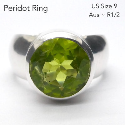 Peridot Ring | Large Faceted Round | A Grade | 925 Sterling Silver | US Size 9 | AUS Size R1/2 | Leo Stone | Crystal Heart Melbourne Australia since 1986